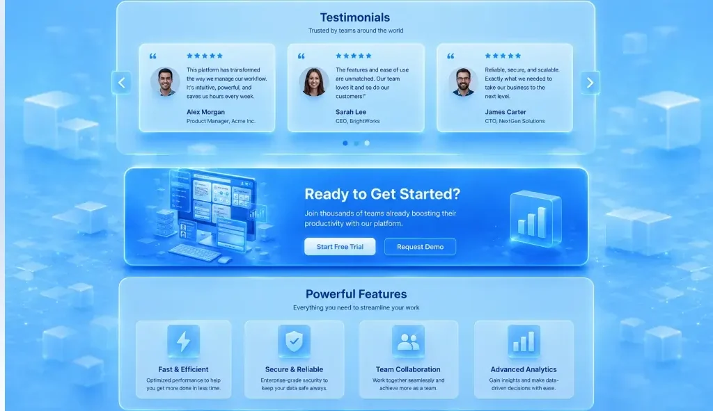 Building Trust with Testimonials, CTA Blocks, and Feature Sections