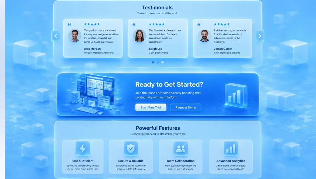 Building Trust with Testimonials, CTA Blocks, and Feature Sections